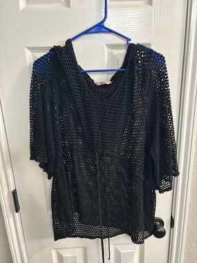 SJS hooded, women's mesh size 3X cover up pool beach swimwear black drawstring
